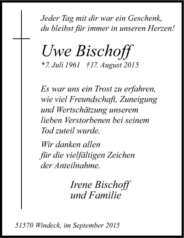  Traueranzeige für Uwe Bischoff vom 05.09.2015 aus Kölner Stadt-Anzeiger / Kölnische Rundschau / Express