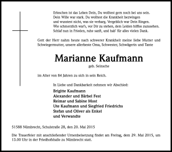 Anzeige von Marianne Kaufmann von Kölner Stadt-Anzeiger / Kölnische Rundschau / Express