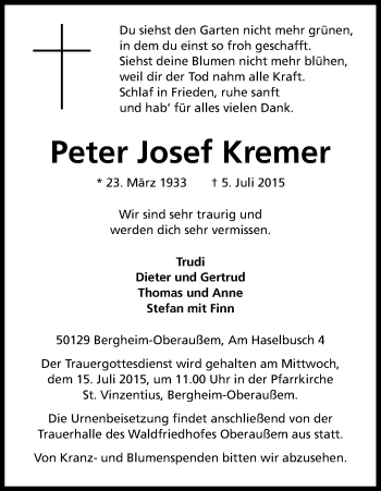 Anzeige von Peter Josef Kremer von Kölner Stadt-Anzeiger / Kölnische Rundschau / Express