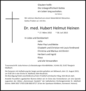 Anzeige von Hubert Helmut Heinen von Kölner Stadt-Anzeiger / Kölnische Rundschau / Express