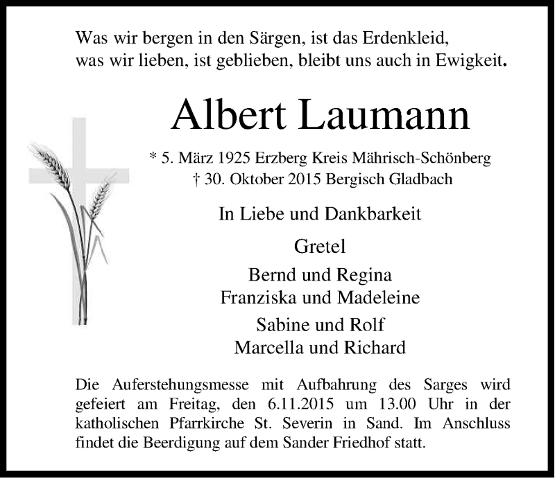  Traueranzeige für Albert Laumann vom 04.11.2015 aus Kölner Stadt-Anzeiger / Kölnische Rundschau / Express