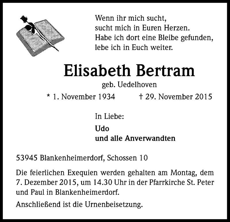  Traueranzeige für Elisabeth Bertram vom 02.12.2015 aus Kölner Stadt-Anzeiger / Kölnische Rundschau / Express