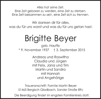 Anzeige von Brigitte Beyer von  Bergisches Handelsblatt 