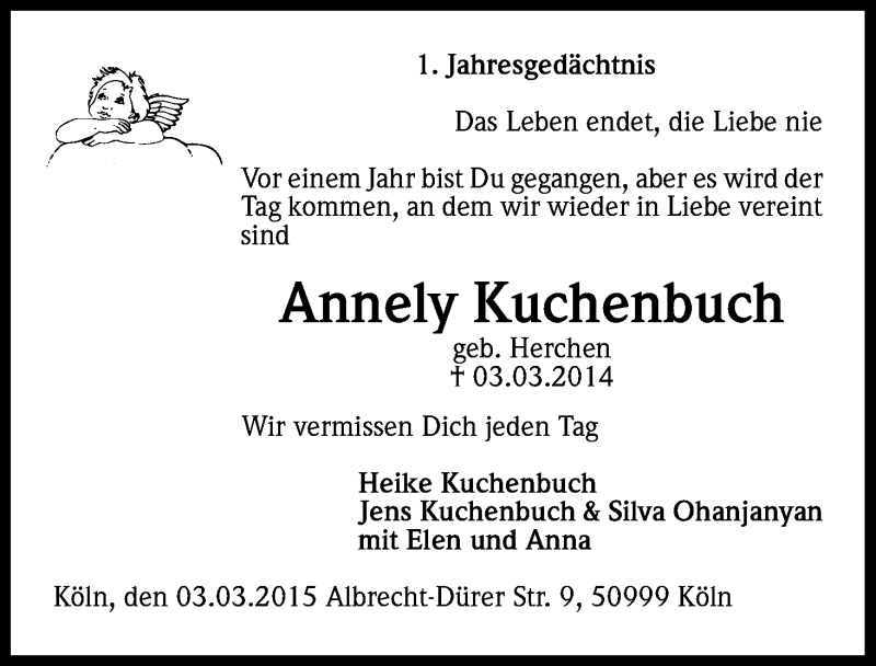  Traueranzeige für Annely Kuchenbuch vom 03.03.2015 aus Kölner Stadt-Anzeiger / Kölnische Rundschau / Express