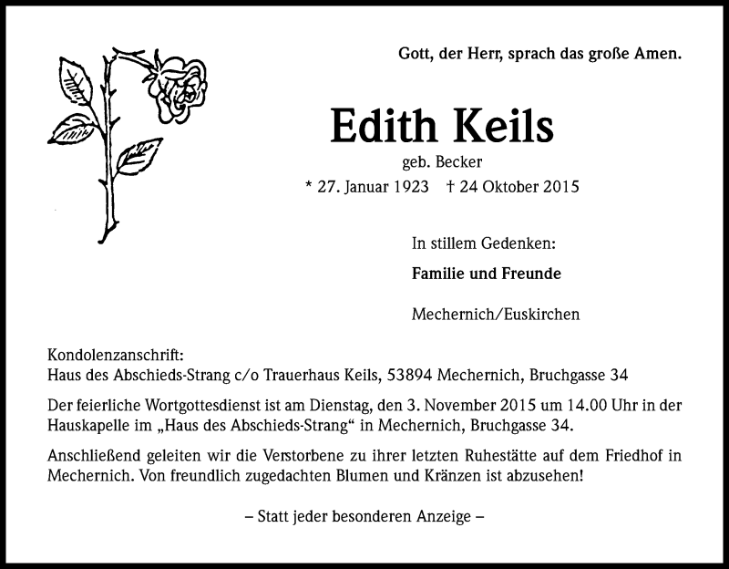  Traueranzeige für Edith Keils vom 31.10.2015 aus Kölner Stadt-Anzeiger / Kölnische Rundschau / Express