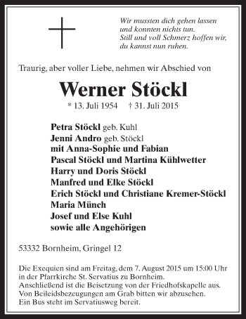 Anzeige von Werner Stöckl von  Schaufenster/Blickpunkt 