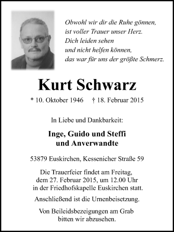 Anzeige von Kurt Schwarz von  Blickpunkt Euskirchen 