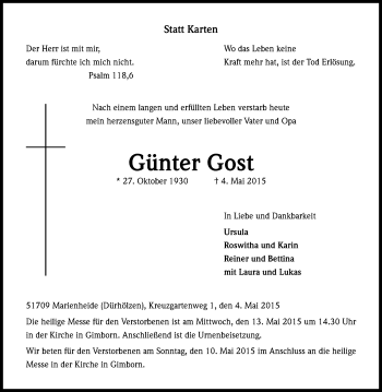 Anzeige von Günter Gost von Kölner Stadt-Anzeiger / Kölnische Rundschau / Express