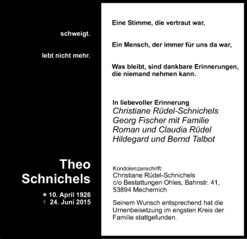 Anzeige von Theo Schnichels von Kölner Stadt-Anzeiger / Kölnische Rundschau / Express