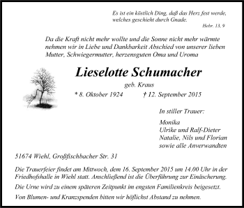 Anzeige von Lieselotte Schumacher von Kölner Stadt-Anzeiger / Kölnische Rundschau / Express