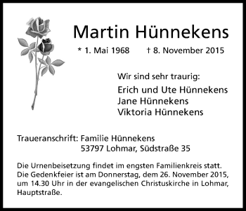 Anzeige von Martin Hünnekens von Kölner Stadt-Anzeiger / Kölnische Rundschau / Express