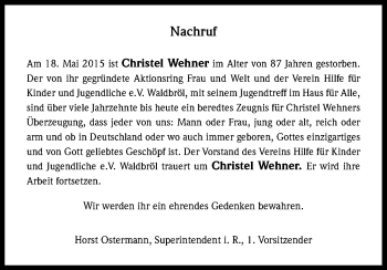 Anzeige von Christel Wehner von Kölner Stadt-Anzeiger / Kölnische Rundschau / Express