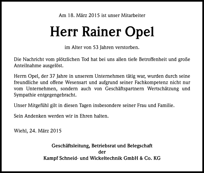  Traueranzeige für Rainer Opel vom 25.03.2015 aus Kölner Stadt-Anzeiger / Kölnische Rundschau / Express