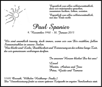 Anzeige von Paul Spanier von Kölner Stadt-Anzeiger / Kölnische Rundschau / Express