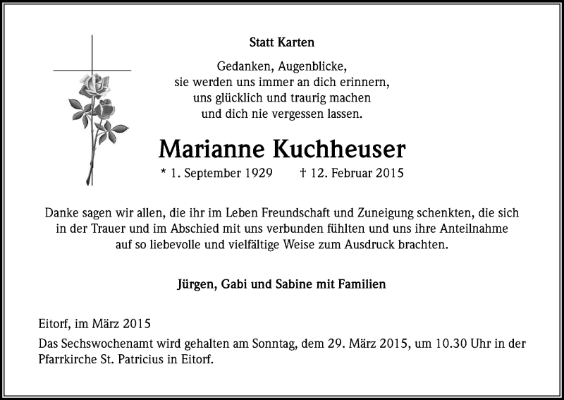  Traueranzeige für Marianne Kuchheuser vom 27.03.2015 aus Kölner Stadt-Anzeiger / Kölnische Rundschau / Express