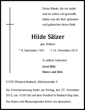 Anzeige von Hilde Sälzer von Kölner Stadt-Anzeiger / Kölnische Rundschau / Express