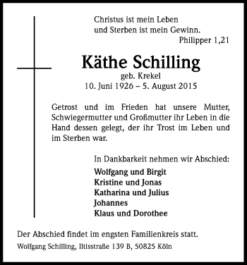 Anzeige von Käthe Schilling von Kölner Stadt-Anzeiger / Kölnische Rundschau / Express
