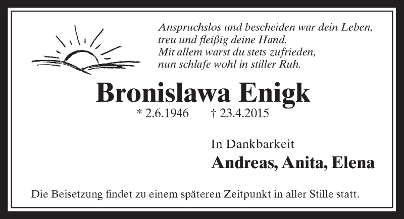  Traueranzeige für Bronislawa Enigk vom 29.04.2015 aus  Wochenende 
