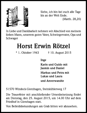 Anzeige von Horst Erwin Rötzel von Kölner Stadt-Anzeiger / Kölnische Rundschau / Express