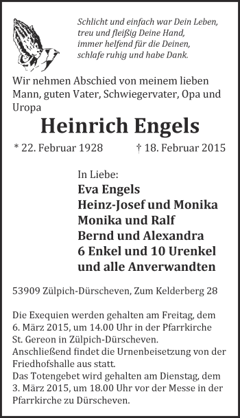 Anzeige von Heinrich Engels von  Blickpunkt Euskirchen 