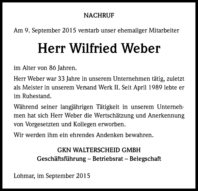  Traueranzeige für Wilfried Weber vom 16.09.2015 aus Kölner Stadt-Anzeiger / Kölnische Rundschau / Express