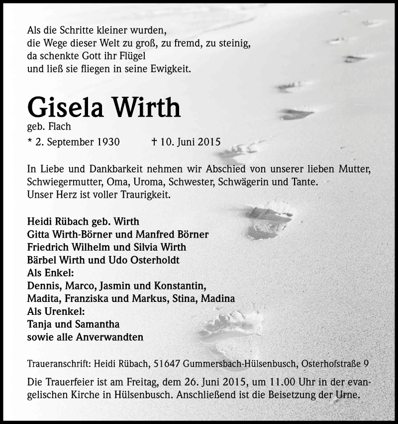  Traueranzeige für Gisela Wirth vom 17.06.2015 aus Kölner Stadt-Anzeiger / Kölnische Rundschau / Express