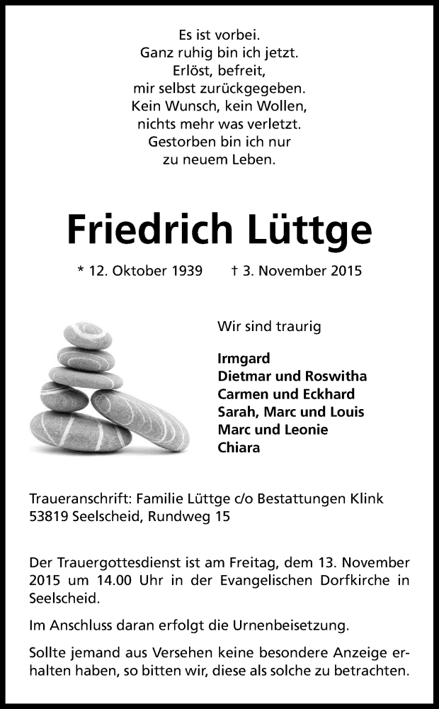 Traueranzeige für Friedrich Lüttge vom 07.11.2015 aus Kölner Stadt-Anzeiger / Kölnische Rundschau / Express