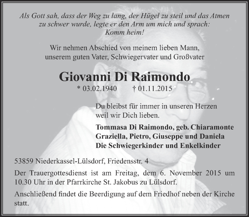  Traueranzeige für Giovanni Di Raimondo vom 04.11.2015 aus  Extra Blatt 