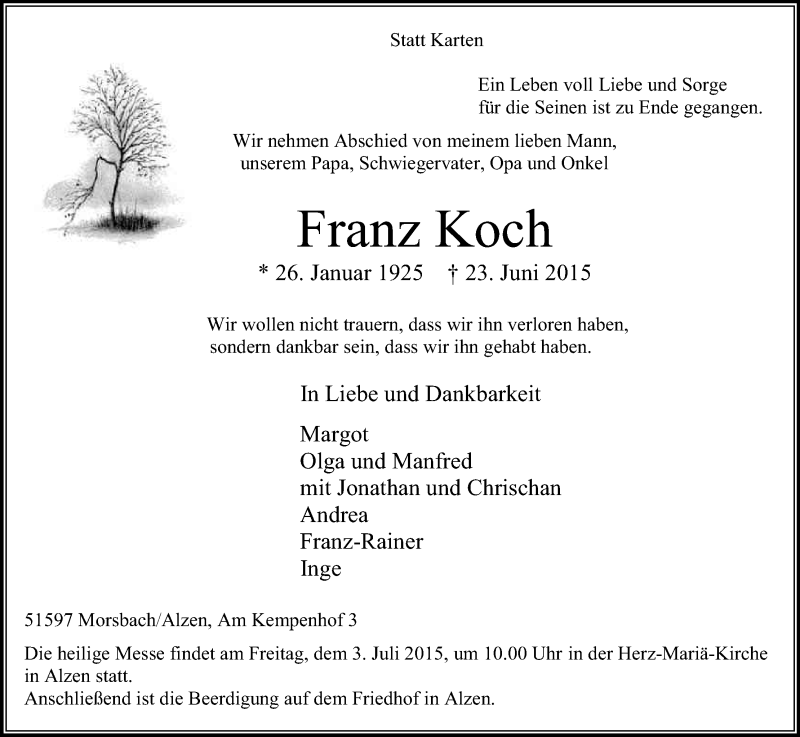  Traueranzeige für Franz Koch vom 27.06.2015 aus Kölner Stadt-Anzeiger / Kölnische Rundschau / Express