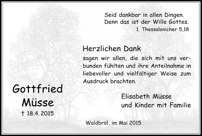  Traueranzeige für Gottfried Müsse vom 03.06.2015 aus  Lokalanzeiger 