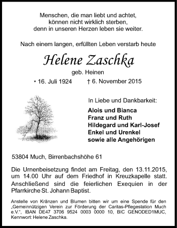 Anzeige von Helene Zaschka von Kölner Stadt-Anzeiger / Kölnische Rundschau / Express
