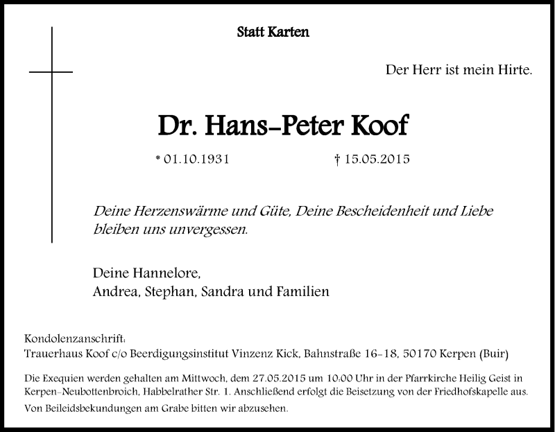  Traueranzeige für Hans-Peter Koof vom 23.05.2015 aus Kölner Stadt-Anzeiger / Kölnische Rundschau / Express