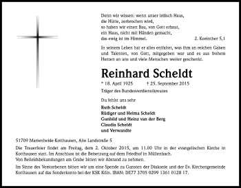 Anzeige von Reinhard Scheldt von Kölner Stadt-Anzeiger / Kölnische Rundschau / Express