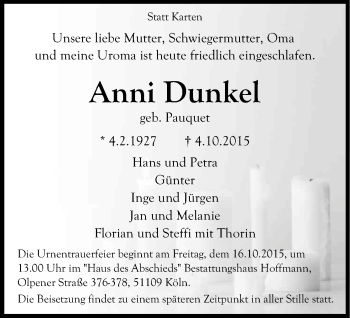 Anzeige von Anni Dunkel von Kölner Stadt-Anzeiger / Kölnische Rundschau / Express