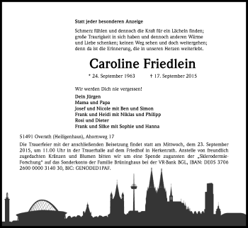 Anzeige von Caroline Friedlein von Kölner Stadt-Anzeiger / Kölnische Rundschau / Express