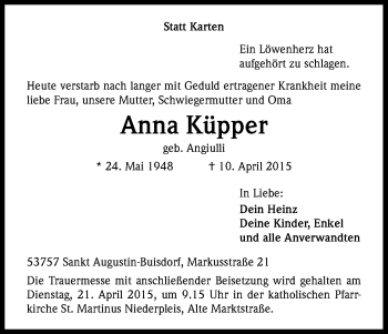 Anzeige von Anna Küpper von Kölner Stadt-Anzeiger / Kölnische Rundschau / Express