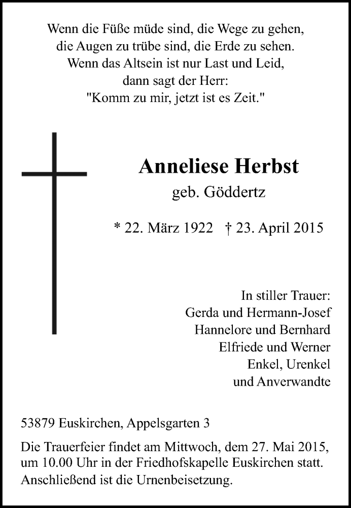  Traueranzeige für Anneliese Herbst vom 10.05.2015 aus  Blickpunkt Euskirchen 