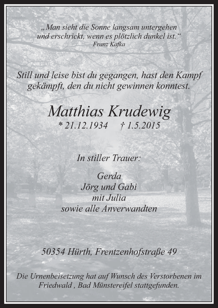  Traueranzeige für Matthias Krudewig vom 13.05.2015 aus  Wochenende 