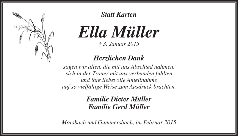  Traueranzeige für Ella Müller vom 11.02.2015 aus  Lokalanzeiger 