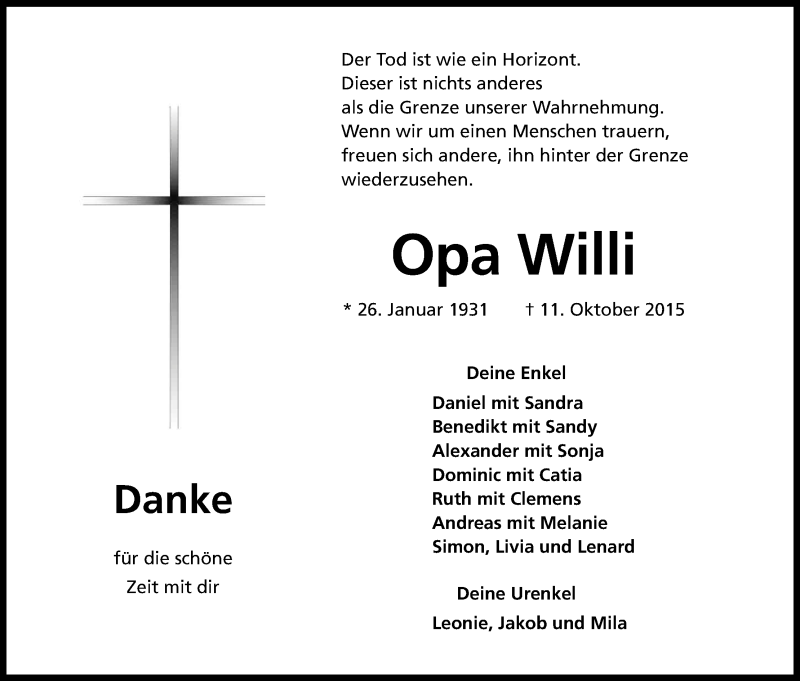  Traueranzeige für Willi  vom 16.10.2015 aus Kölner Stadt-Anzeiger / Kölnische Rundschau / Express