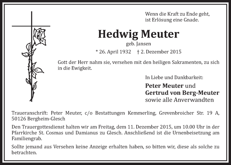  Traueranzeige für Hedwig Meuter vom 05.12.2015 aus  Sonntags-Post 