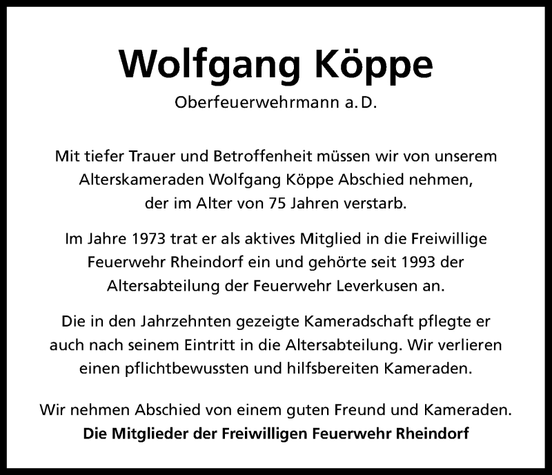  Traueranzeige für Wolfgang Köppe vom 05.03.2015 aus Kölner Stadt-Anzeiger / Kölnische Rundschau / Express