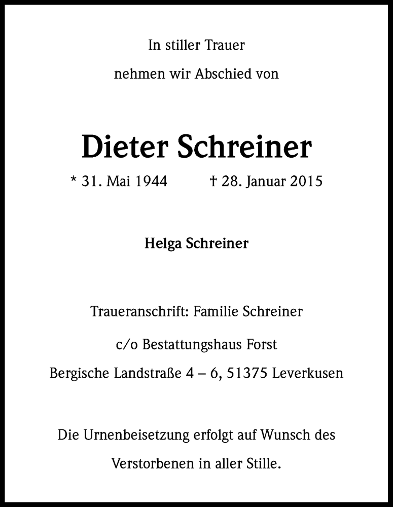  Traueranzeige für Dieter Schreiner vom 11.02.2015 aus Kölner Stadt-Anzeiger / Kölnische Rundschau / Express