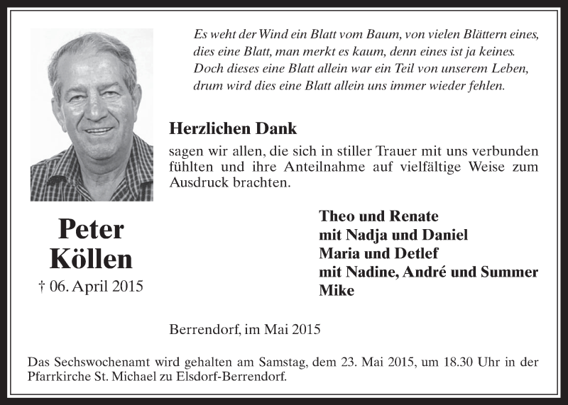  Traueranzeige für Peter Köllen vom 20.05.2015 aus  Werbepost 