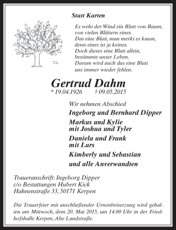 Anzeige von Gertrud Dahm von  Werbepost 