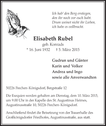 Anzeige von Elisabeth Rubel von  Sonntags-Post 