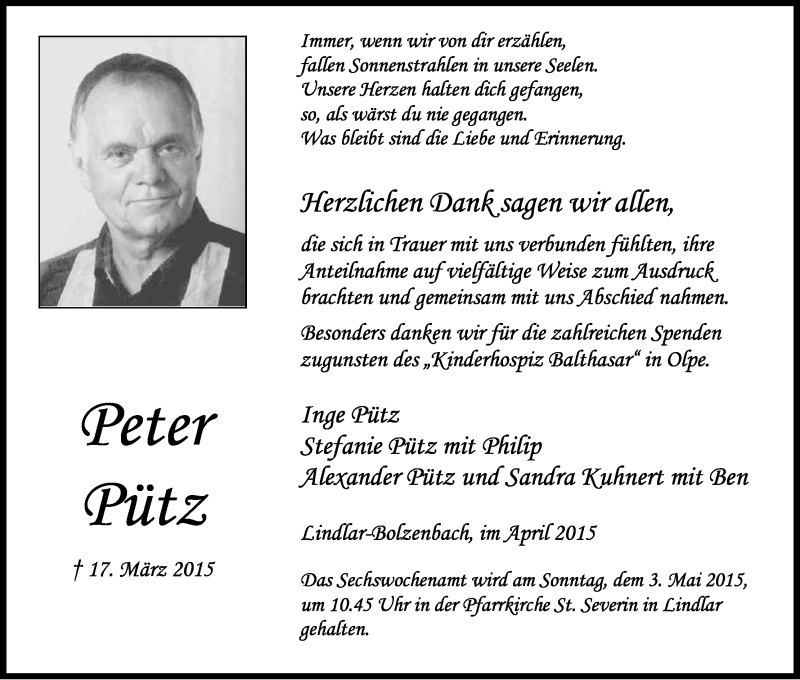  Traueranzeige für Peter Pütz vom 25.04.2015 aus Kölner Stadt-Anzeiger / Kölnische Rundschau / Express