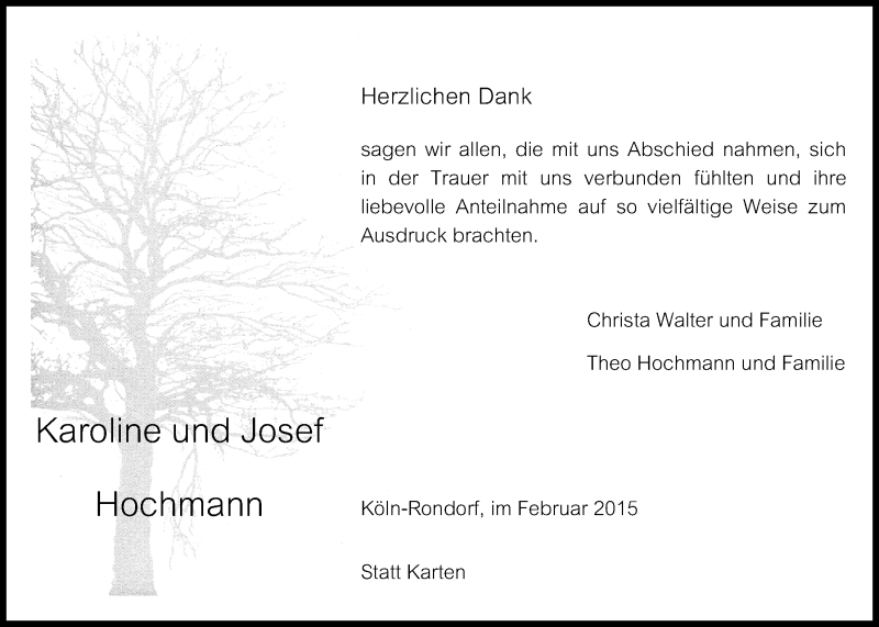  Traueranzeige für Karoline und Josef Hochmann vom 25.02.2015 aus  Kölner Wochenspiegel 