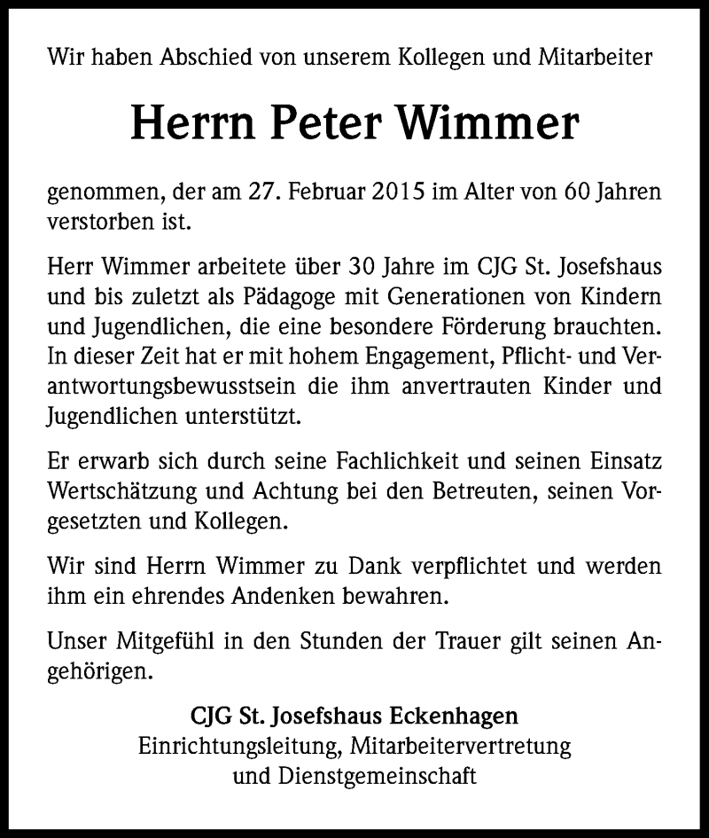  Traueranzeige für Peter Wimmer vom 16.03.2015 aus Kölner Stadt-Anzeiger / Kölnische Rundschau / Express