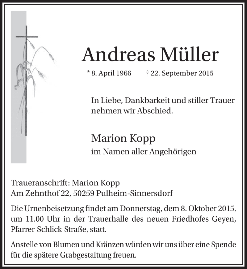  Traueranzeige für Andreas Müller vom 02.10.2015 aus  Sonntags-Post 